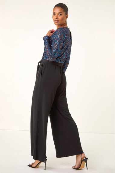 Roman Royal Blue Sequin Wrap V-Neck Stretch Jumpsuit