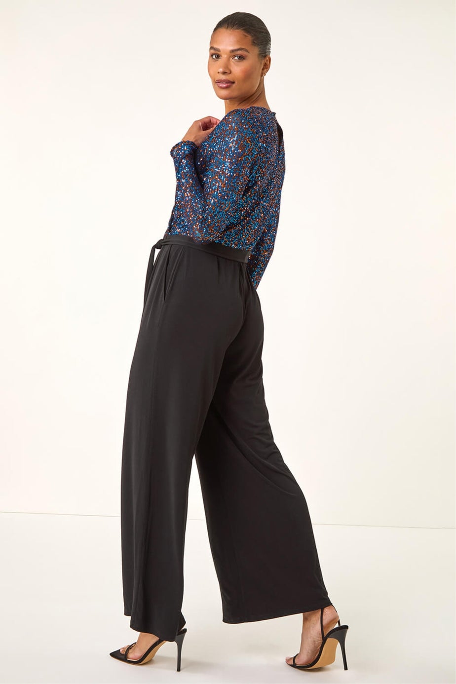 Roman Royal Blue Sequin Wrap V-Neck Stretch Jumpsuit