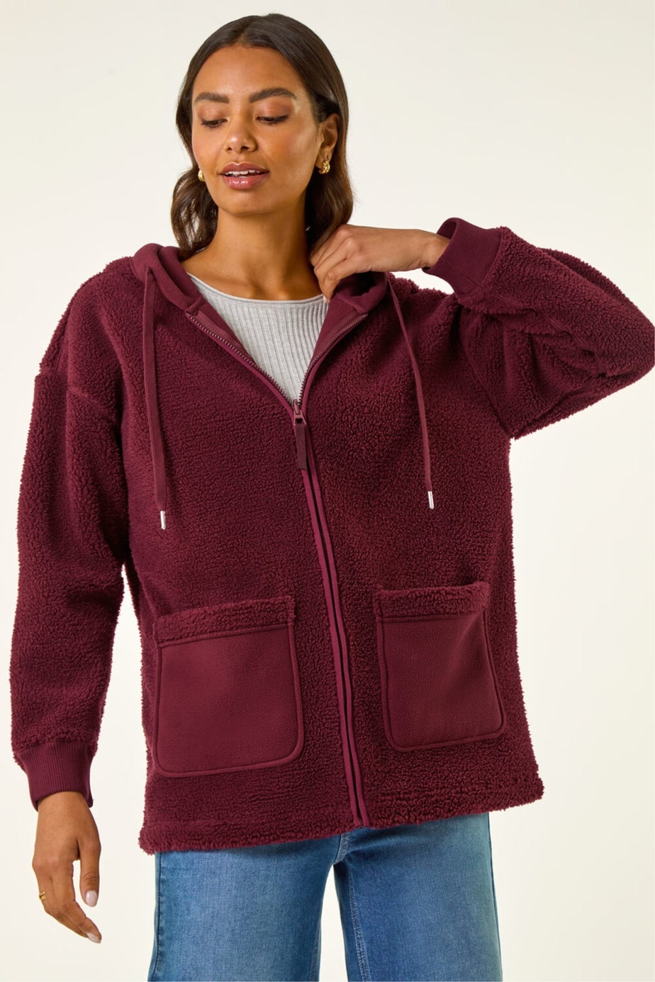 Roman Burgundy Hooded Borg Zip Through Jacket