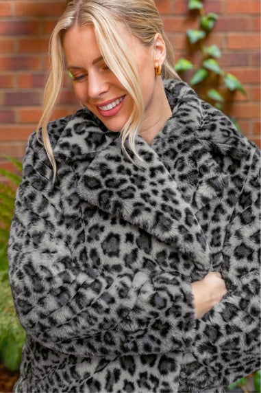Roman Grey Faux Snow Leopard Fur Coat