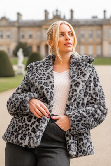 Roman Grey Faux Snow Leopard Fur Coat