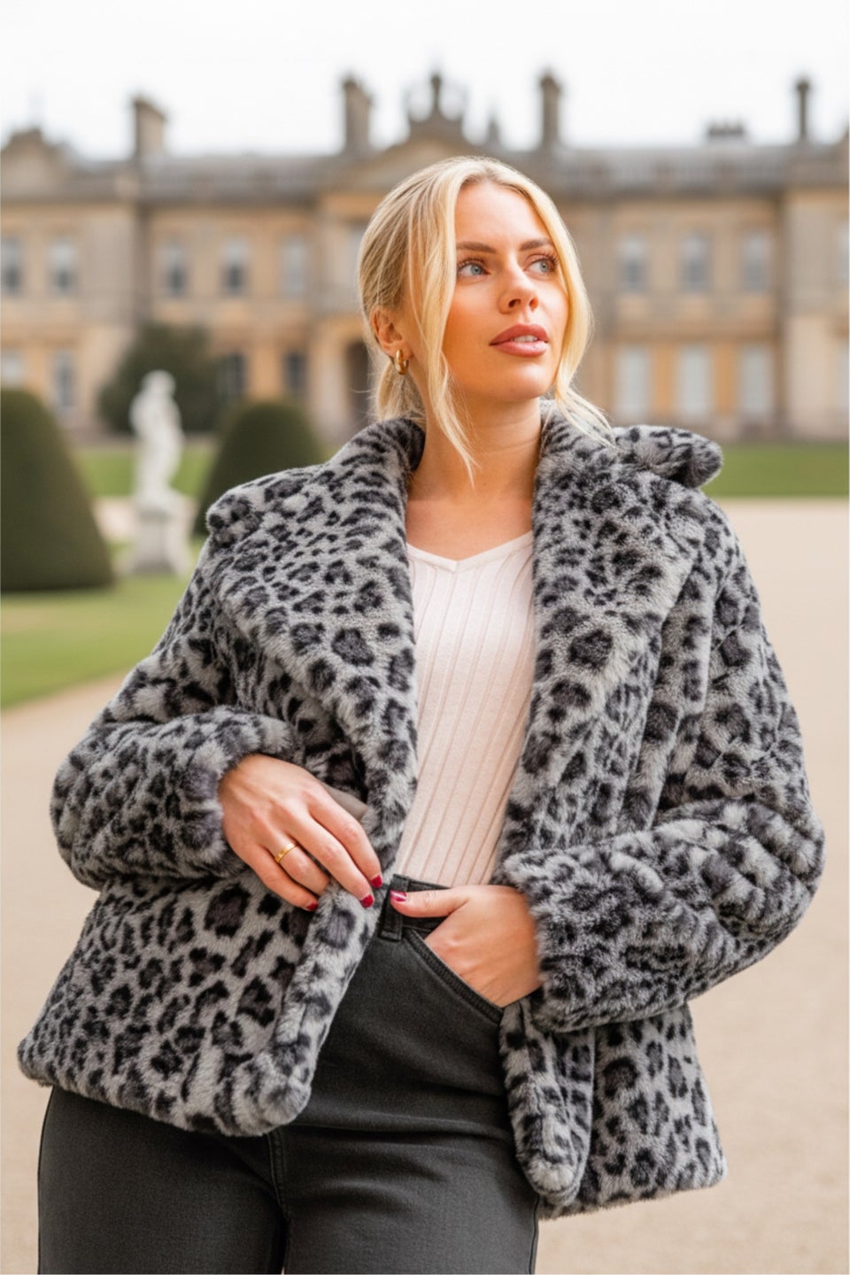 Roman Grey Faux Snow Leopard Fur Coat