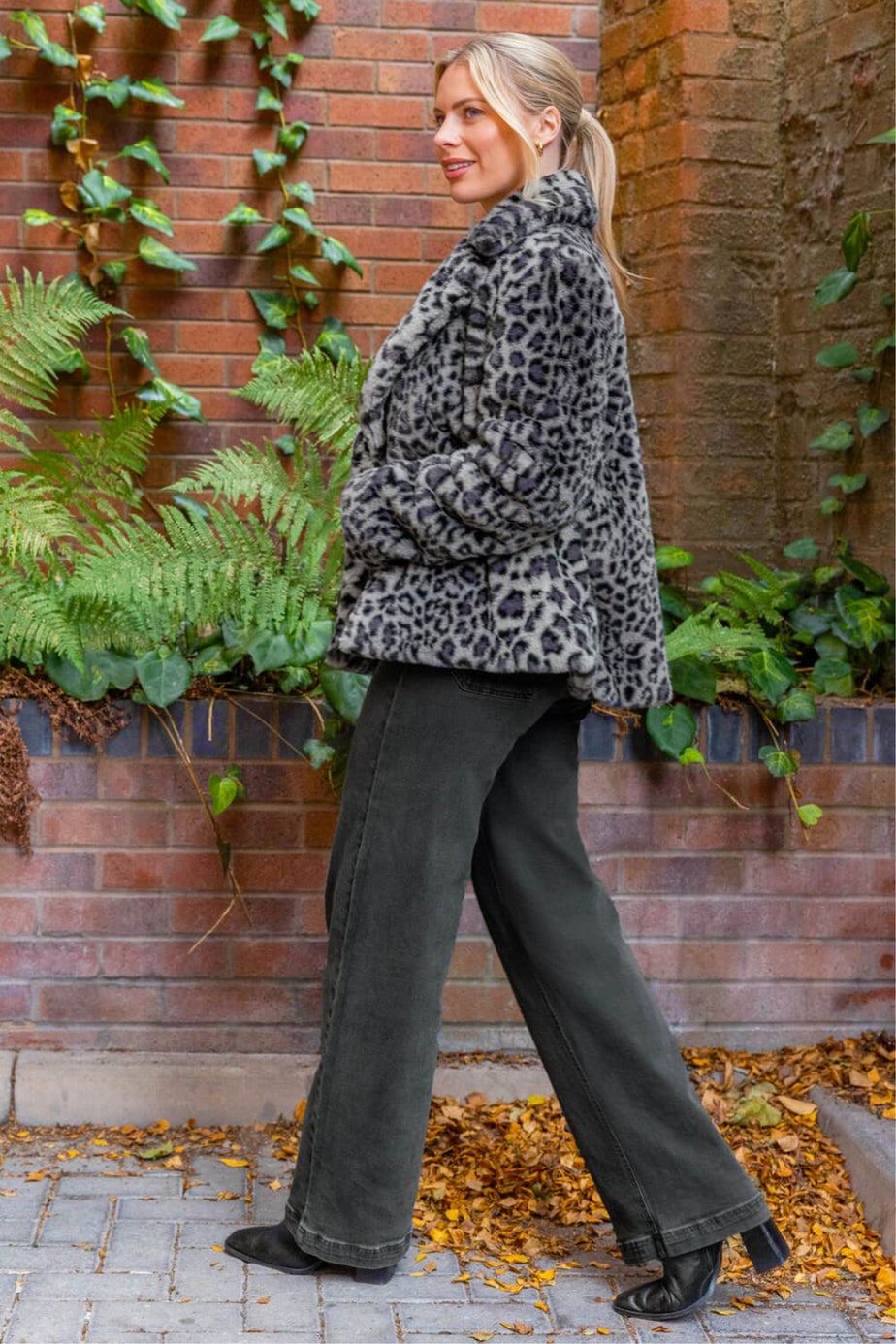 Roman Grey Faux Snow Leopard Fur Coat