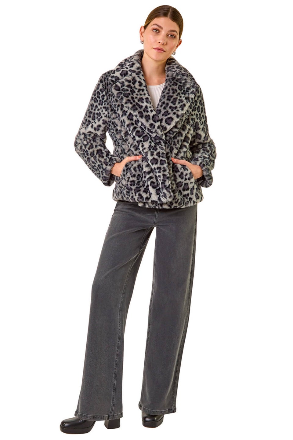 Roman Grey Faux Snow Leopard Fur Coat