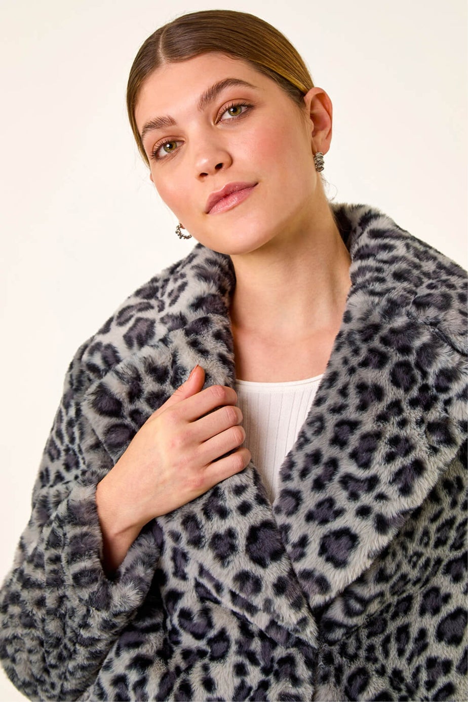 Roman Grey Faux Snow Leopard Fur Coat