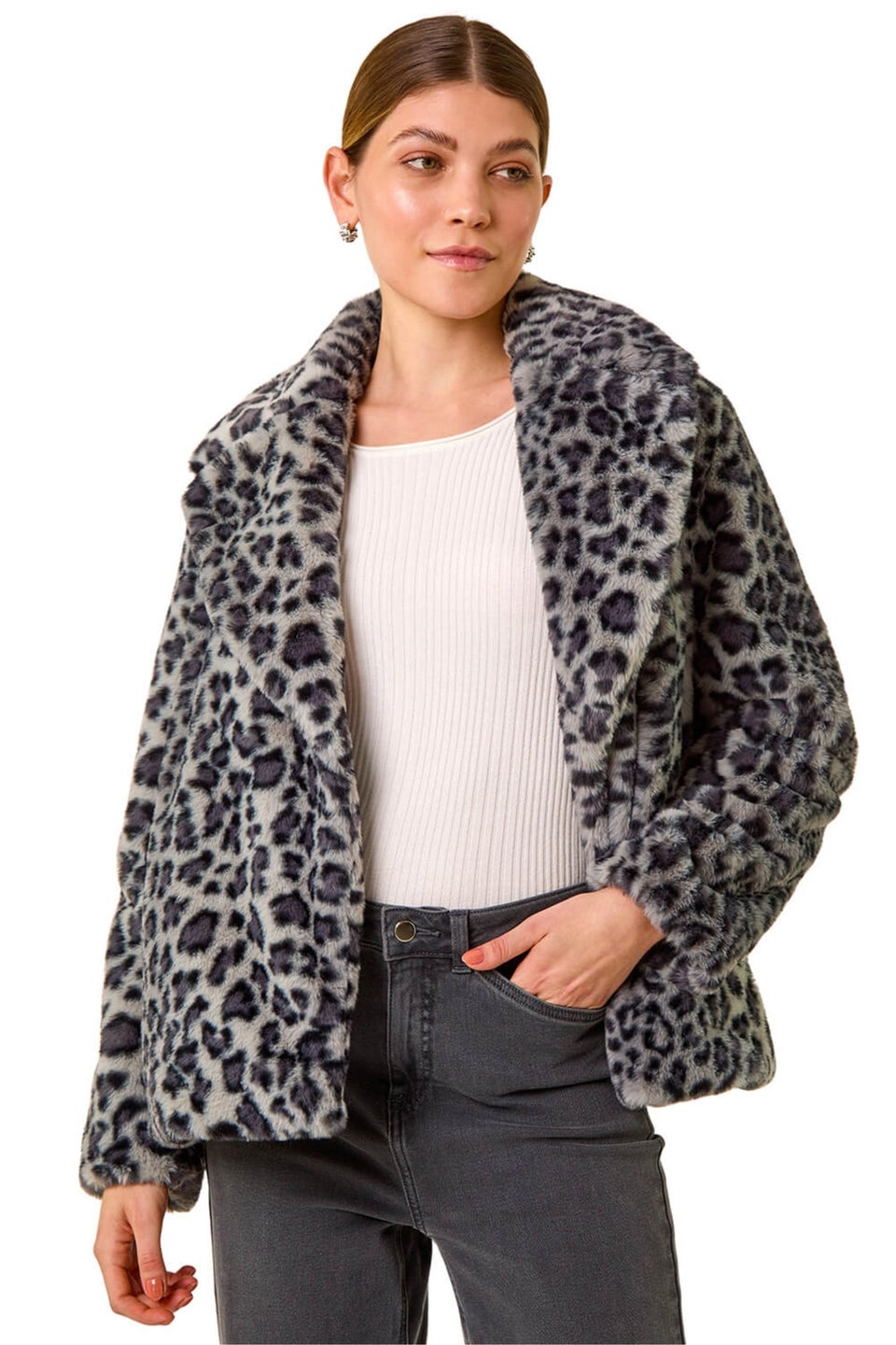 Roman Grey Faux Snow Leopard Fur Coat