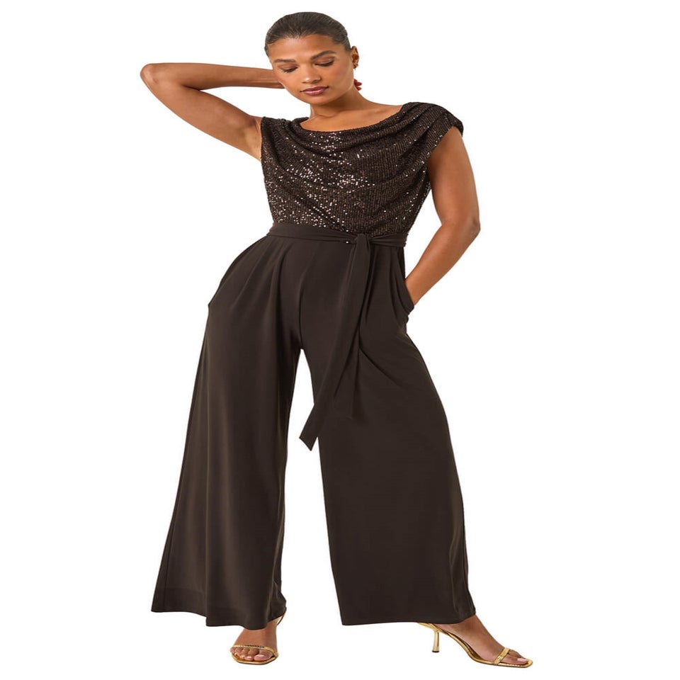 Roman Chocolate Sequin Bodice Cowl Neck Jumpsuit