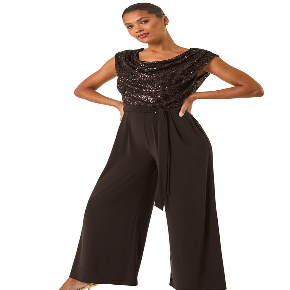 Roman Chocolate Sequin Bodice Cowl Neck Jumpsuit