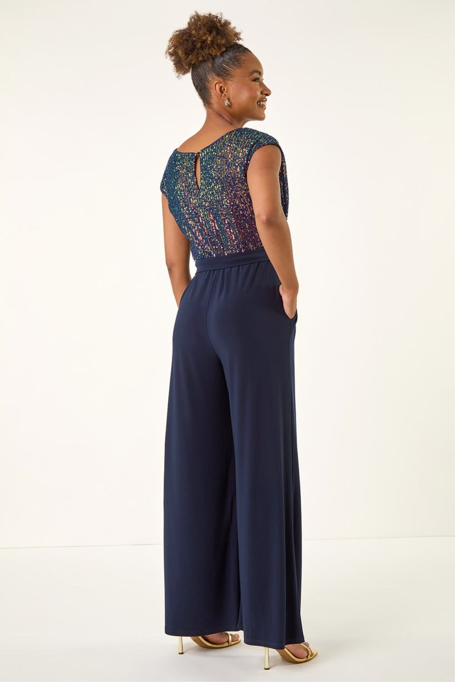 Roman Navy Sequin Bodice Cowl Neck Jumpsuit