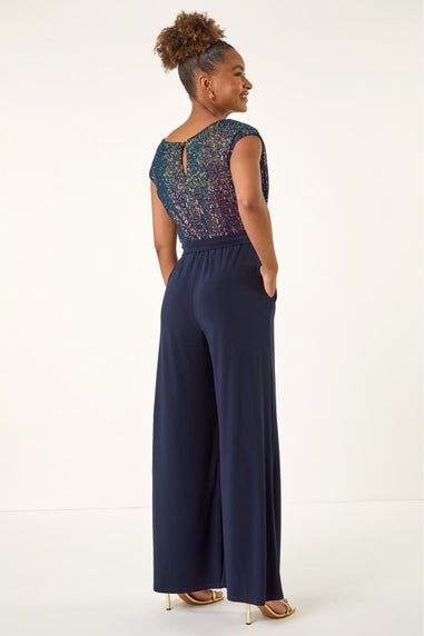 Roman Navy Sequin Bodice Cowl Neck Jumpsuit