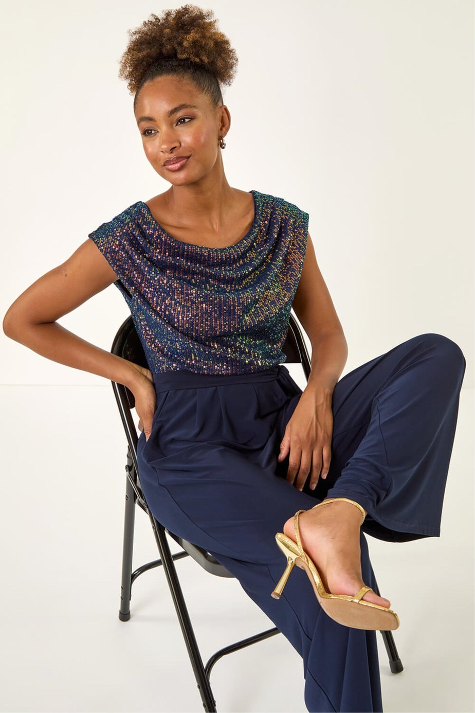 Roman Navy Sequin Bodice Cowl Neck Jumpsuit