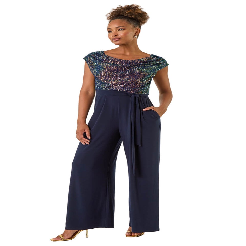 Roman Navy Sequin Bodice Cowl Neck Jumpsuit