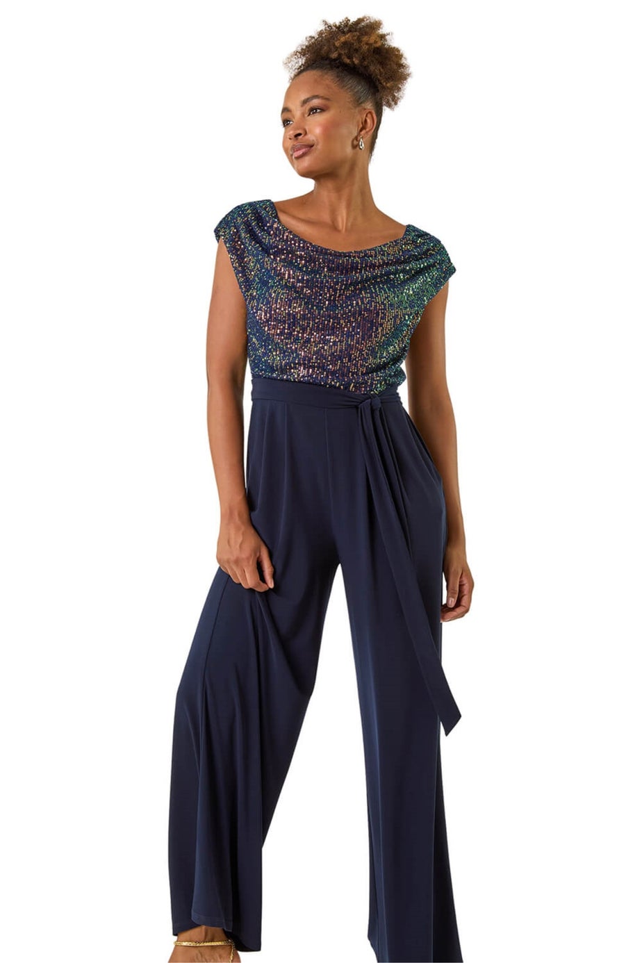 Roman Navy Sequin Bodice Cowl Neck Jumpsuit