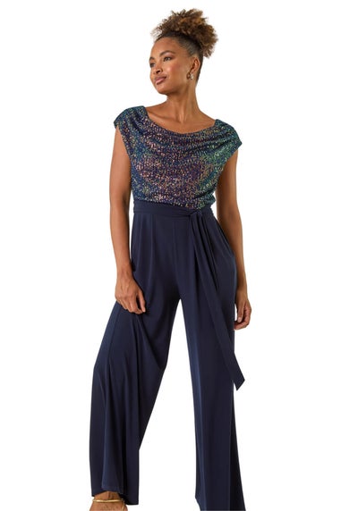 Roman Navy Sequin Bodice Cowl Neck Jumpsuit