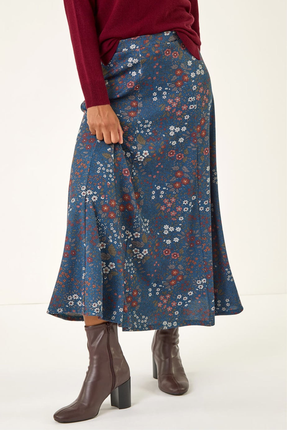Roman Denim Ditsy Floral Print Stretch Skirt