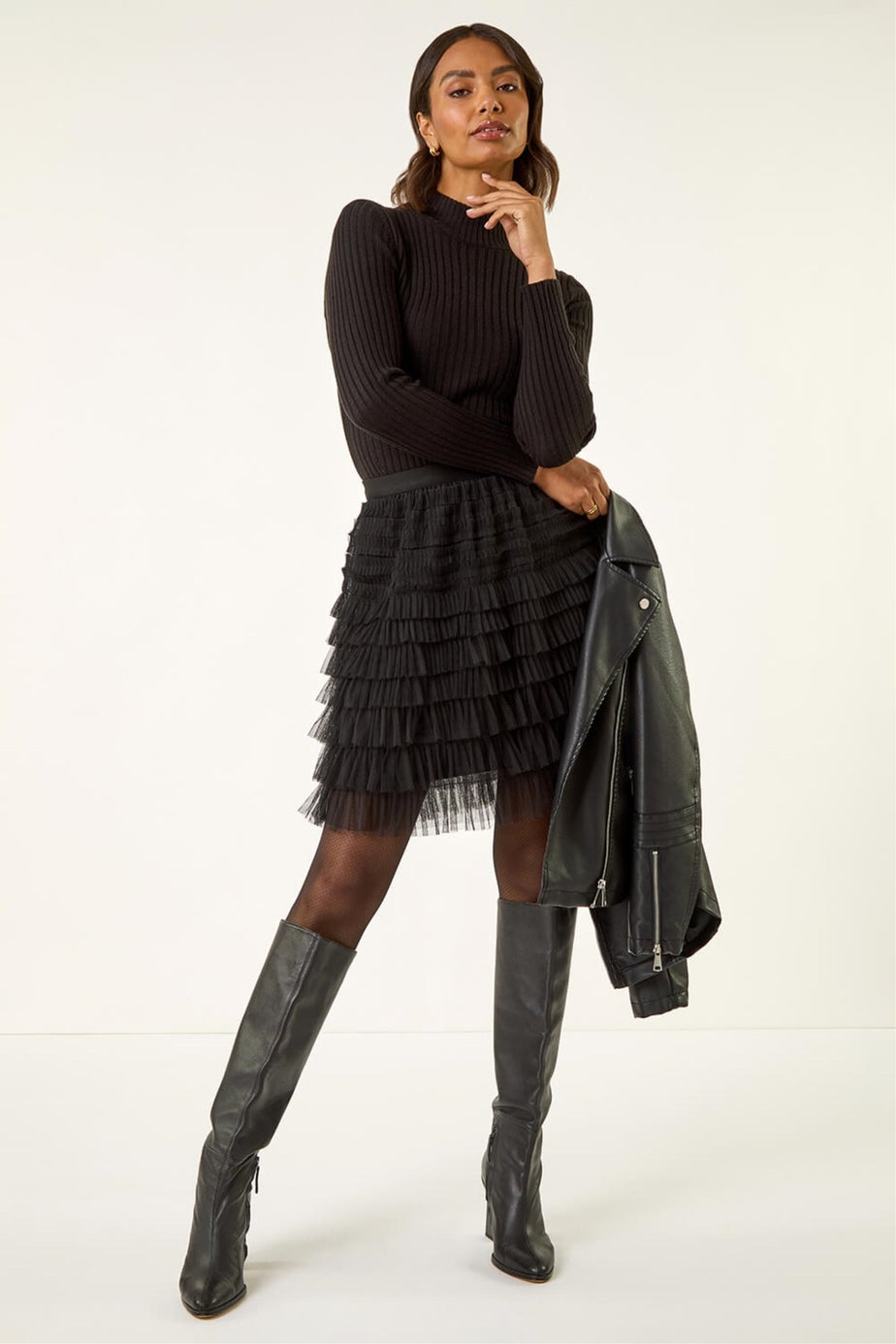 Roman Black Mesh Layered Mini Skirt