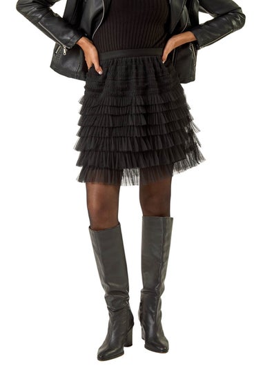 Roman Black Mesh Layered Mini Skirt