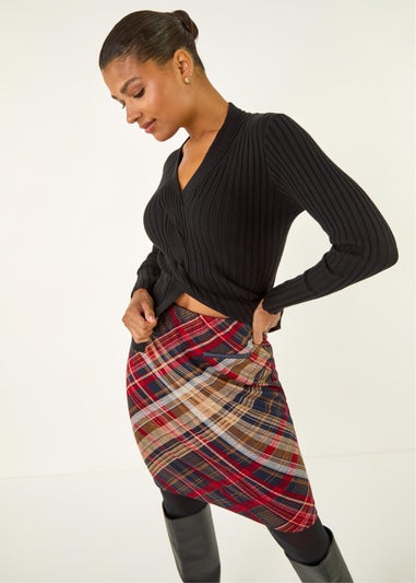 Roman Red Check Print Stretch Pencil Skirt