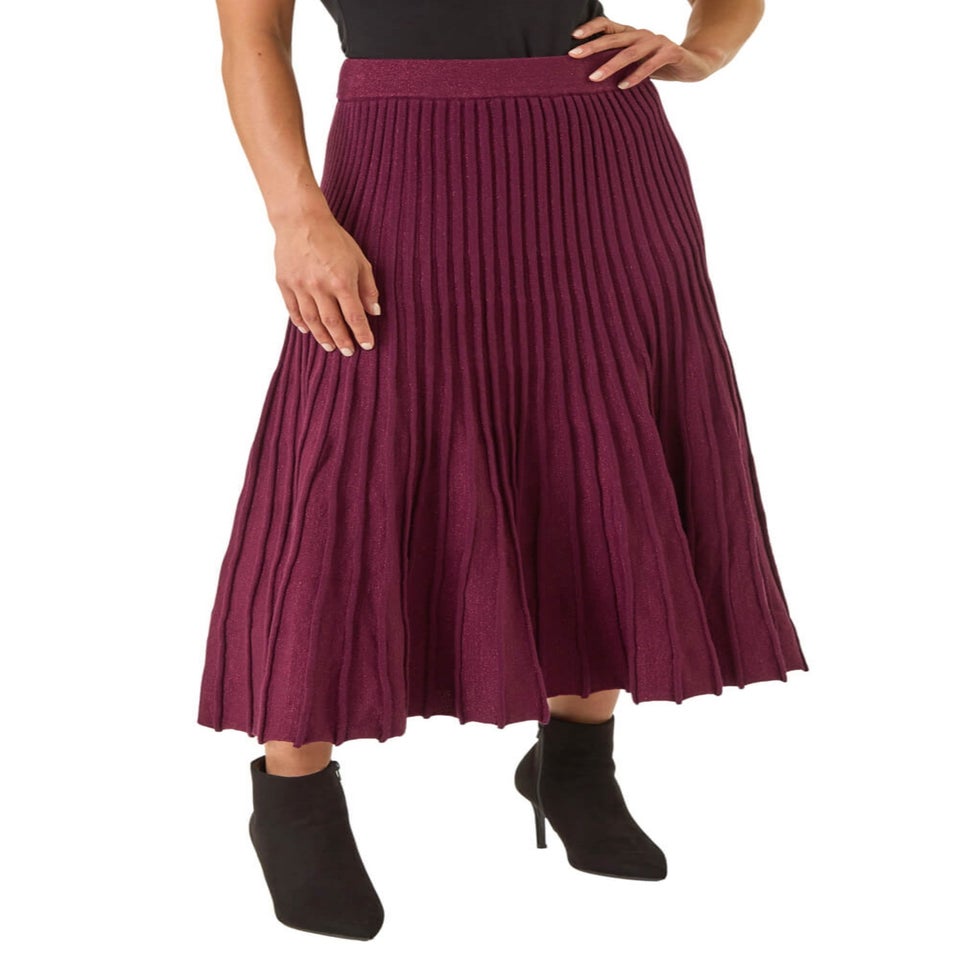 Roman Wine Petite Metallic Knit Midi Skirt