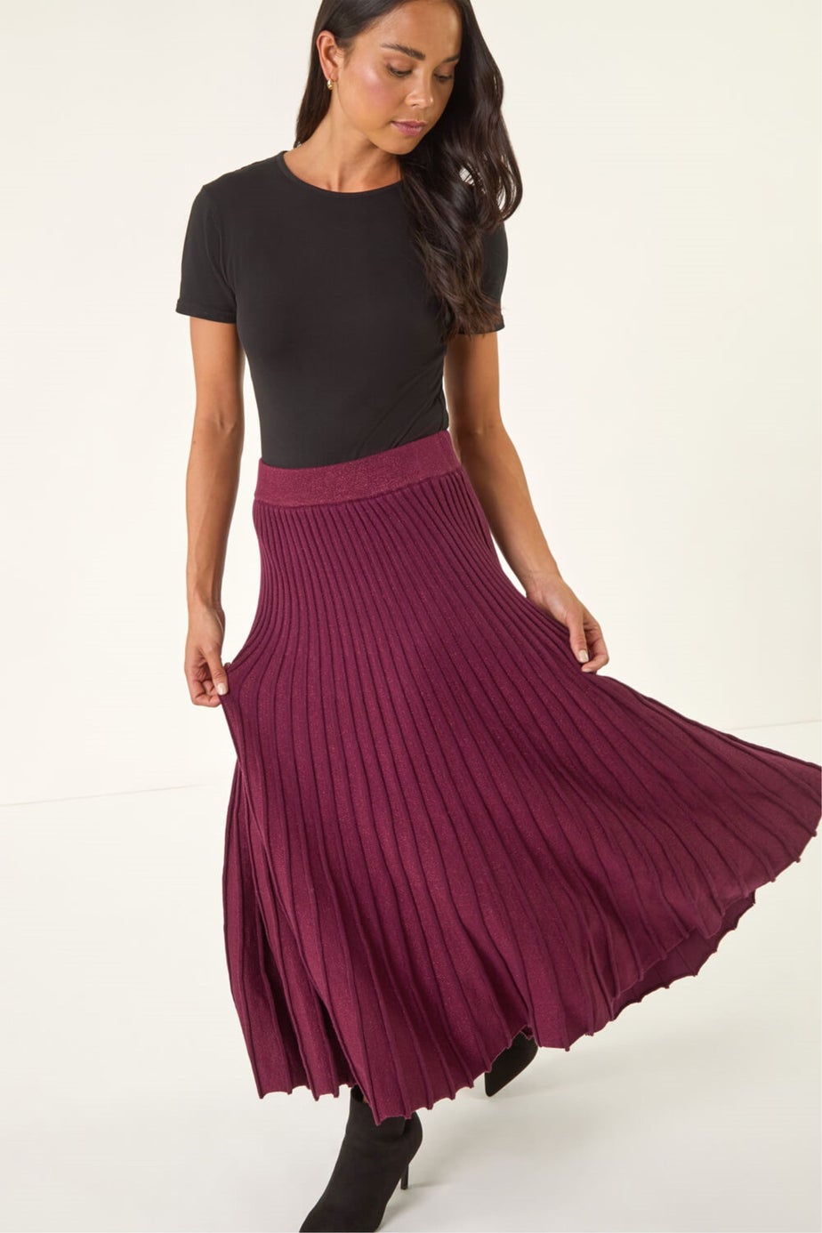 Roman Wine Petite Metallic Knit Midi Skirt