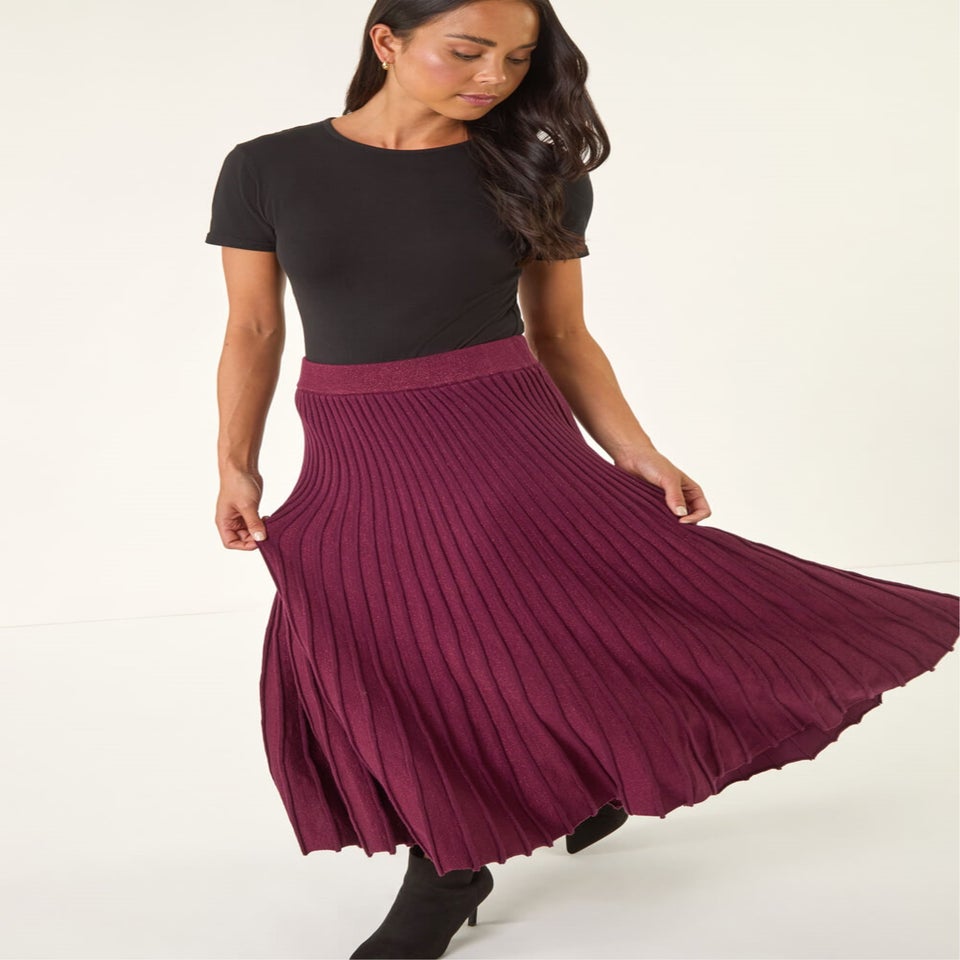 Roman Wine Petite Metallic Knit Midi Skirt