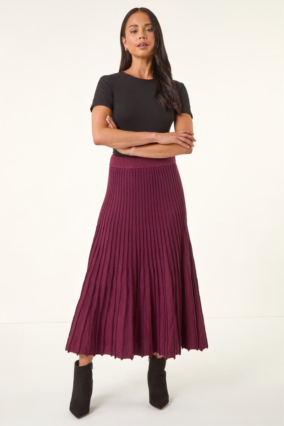 Roman Wine Petite Metallic Knit Midi Skirt