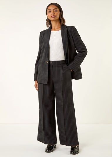 Roman Black Pinstripe Wide Leg Trousers