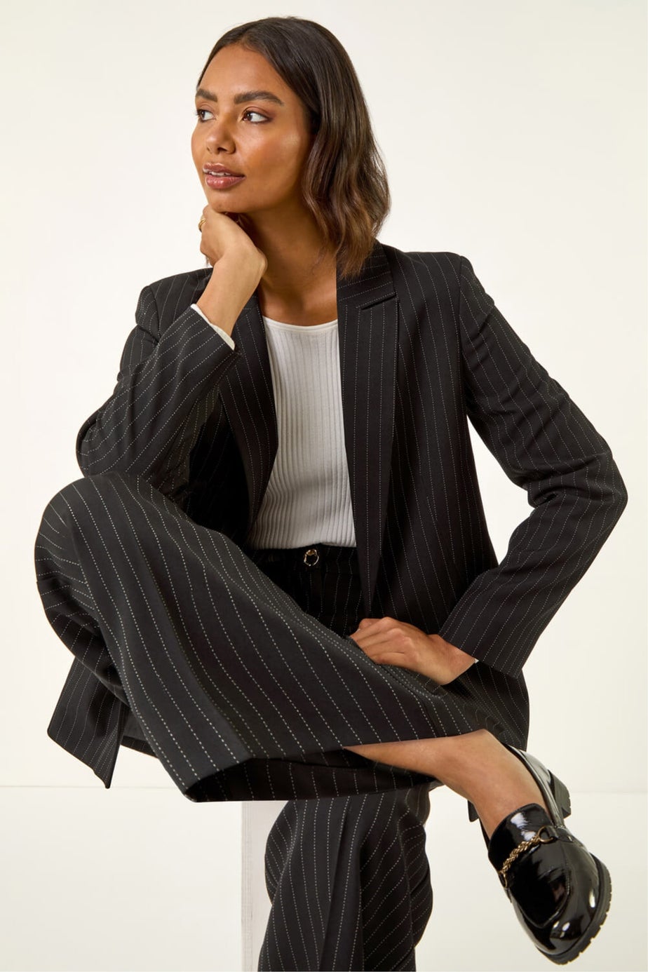 Roman Black Pinstripe Wide Leg Trousers