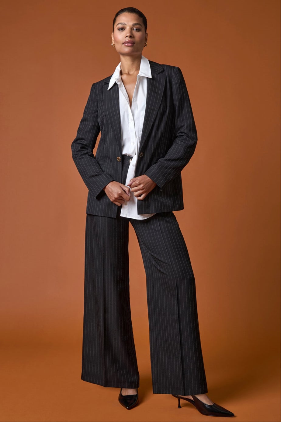 Roman Black Pinstripe Wide Leg Trousers