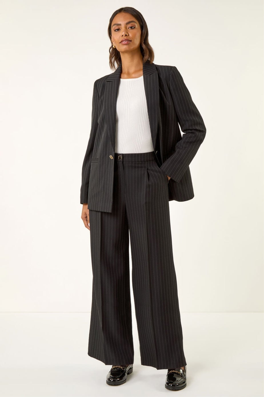 Roman Black Pinstripe Wide Leg Trousers