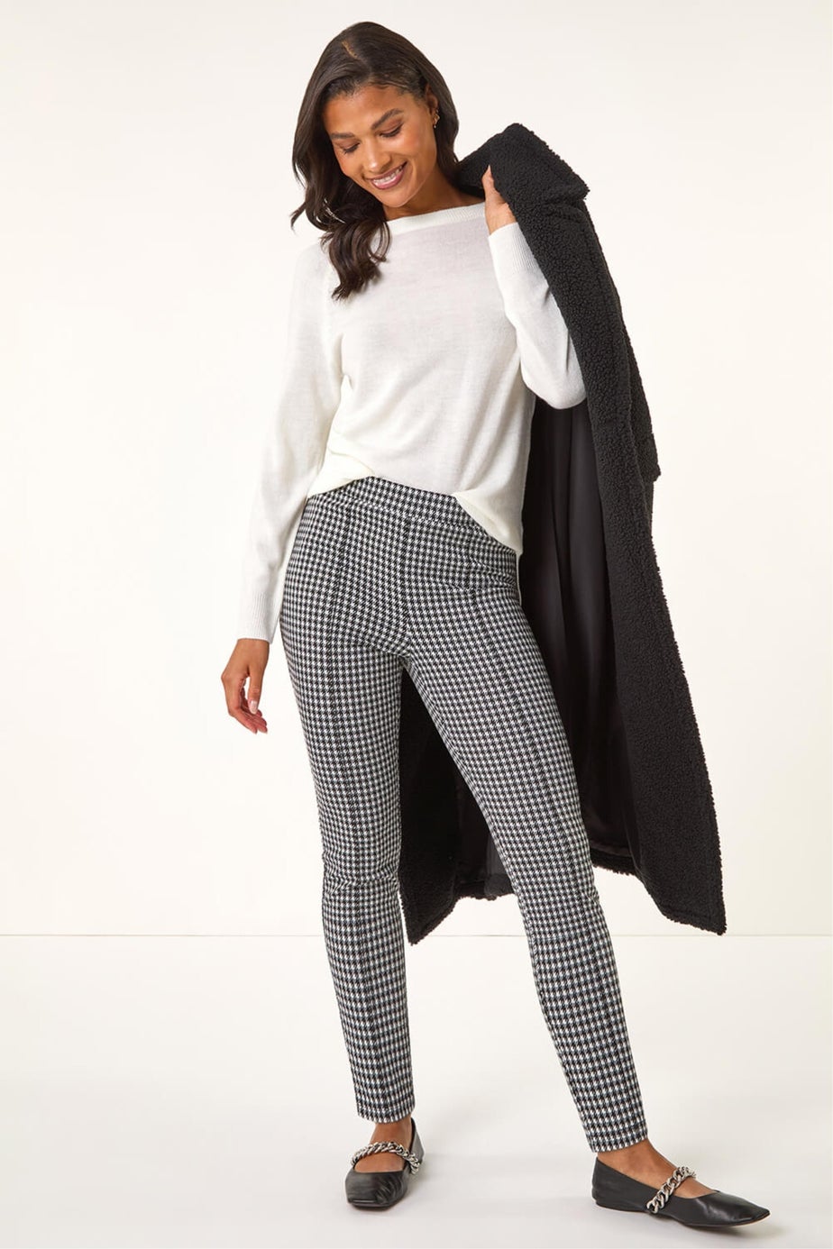 Roman Black Check Print Ponte Slim Leg Trouser
