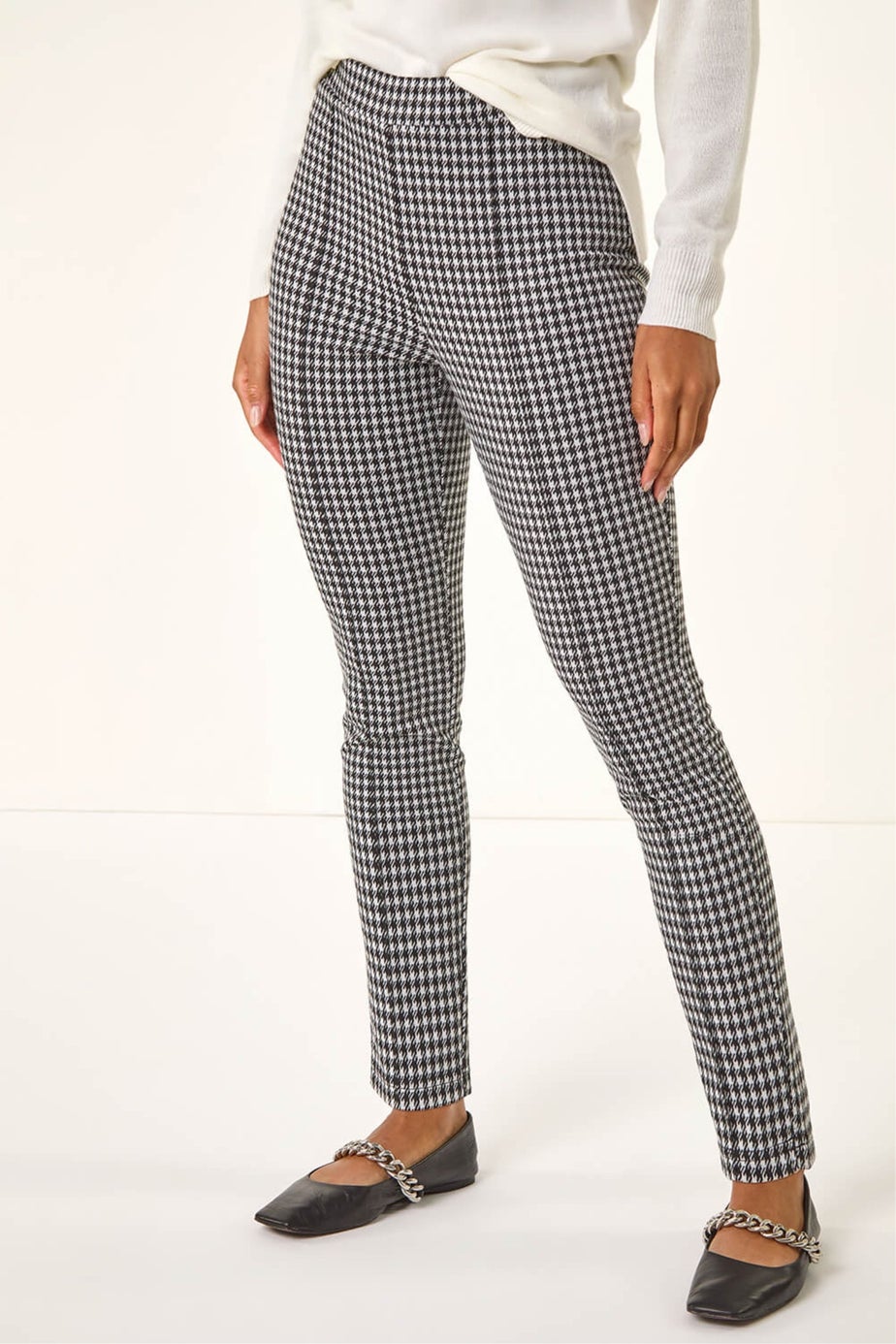 Roman Black Check Print Ponte Slim Leg Trouser