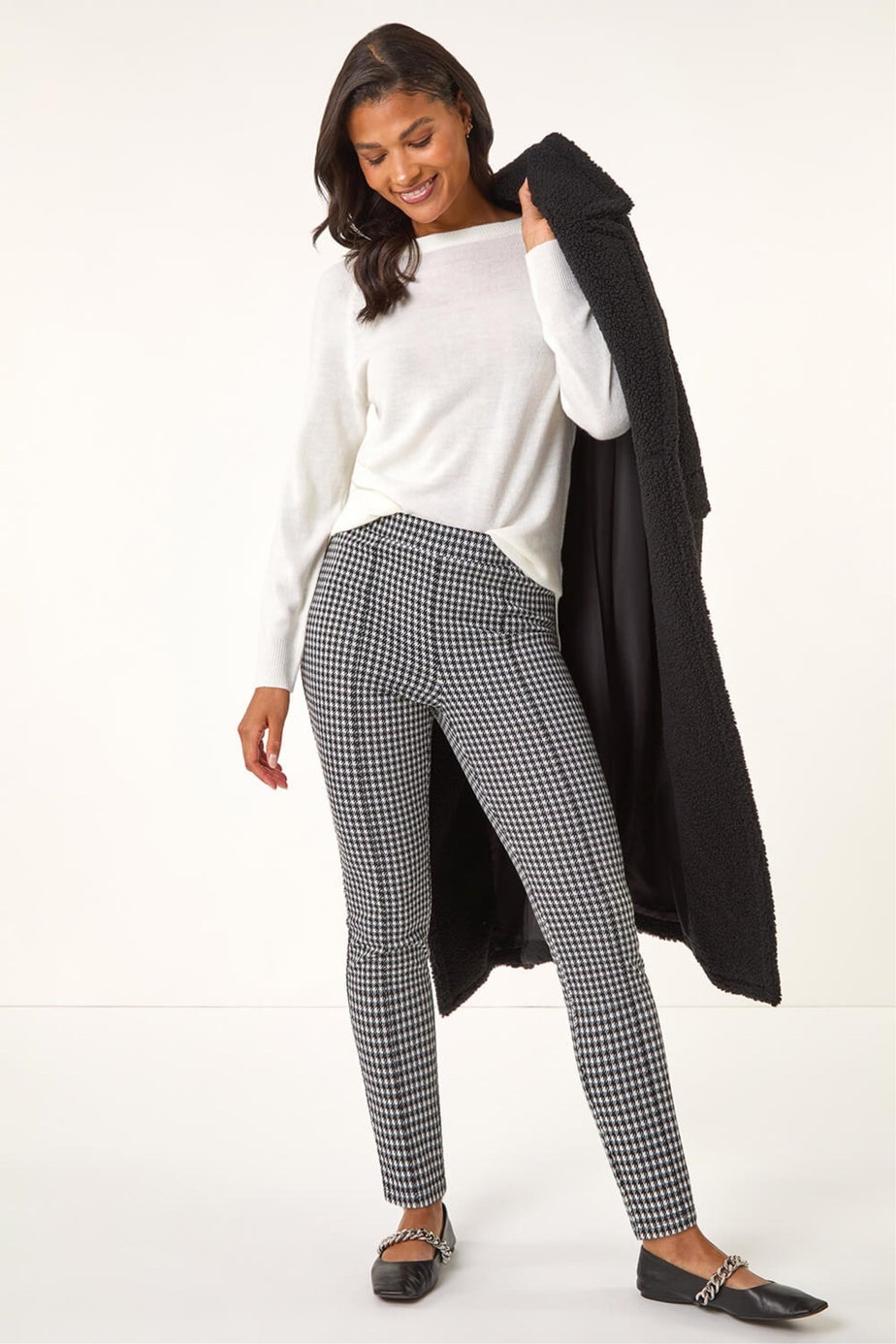 Roman Black Check Print Ponte Slim Leg Trouser