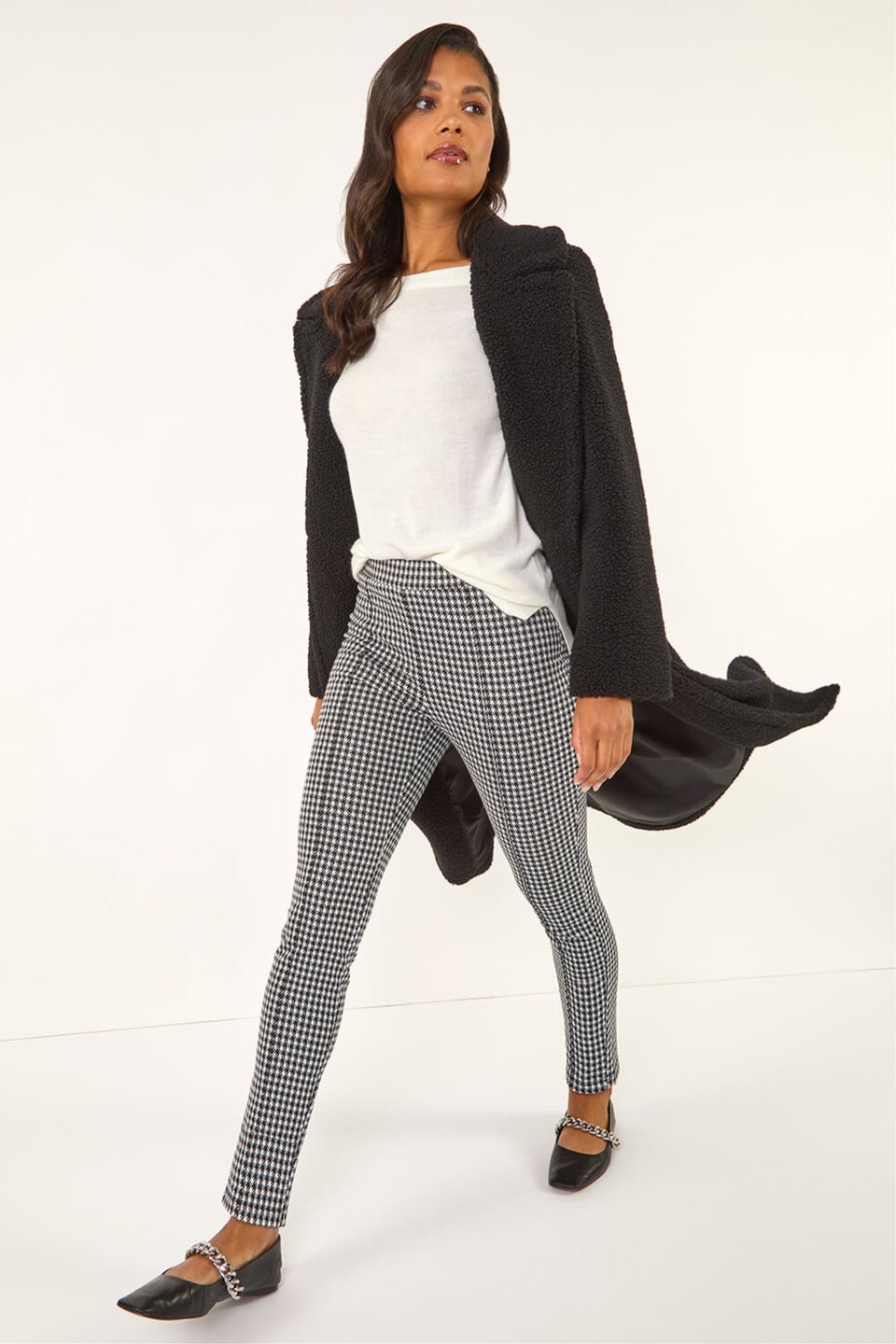 Roman Black Check Print Ponte Slim Leg Trouser