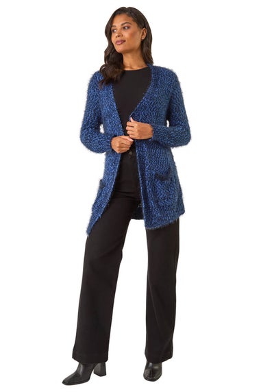 Roman Blue Fluffy Longline Knit Cardigan