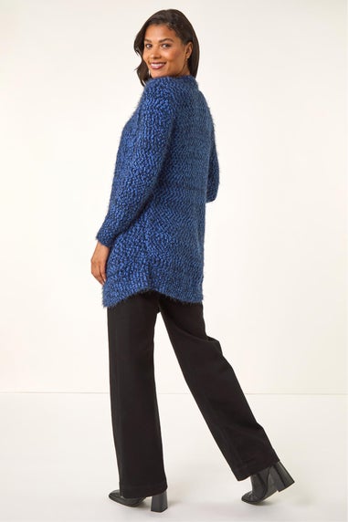 Roman Blue Fluffy Longline Knit Cardigan