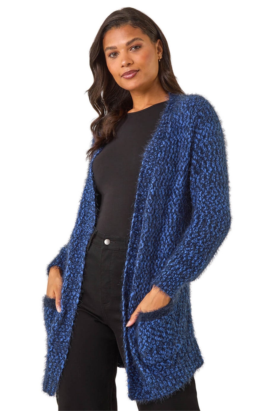 Roman Blue Fluffy Longline Knit Cardigan
