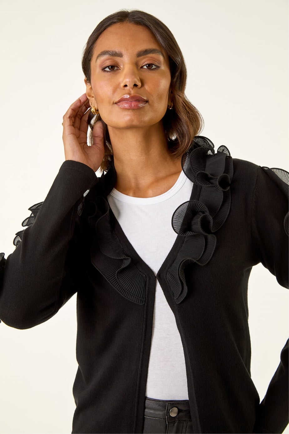 Roman Black Ruffle Contrast Knit Cardigan