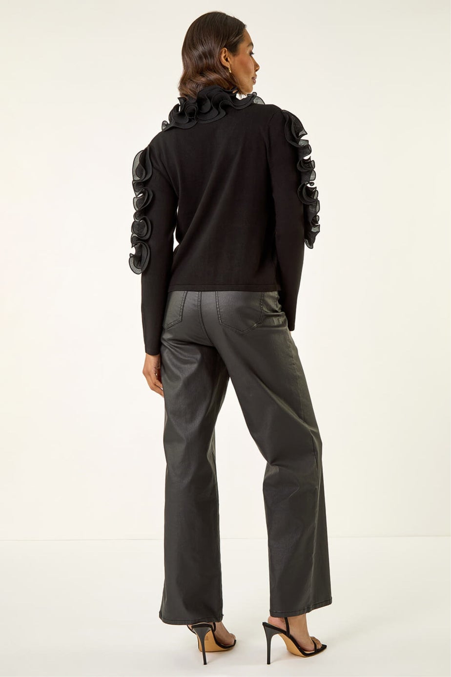 Roman Black Ruffle Contrast Knit Cardigan