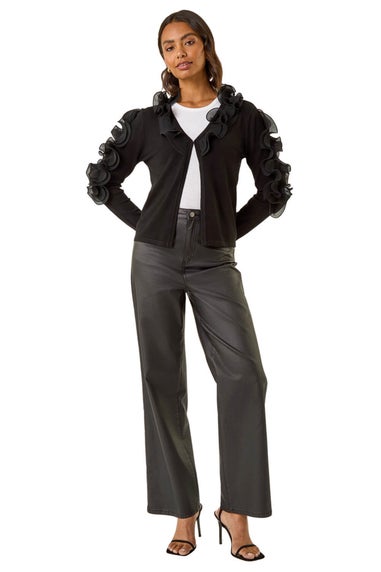 Roman Black Ruffle Contrast Knit Cardigan