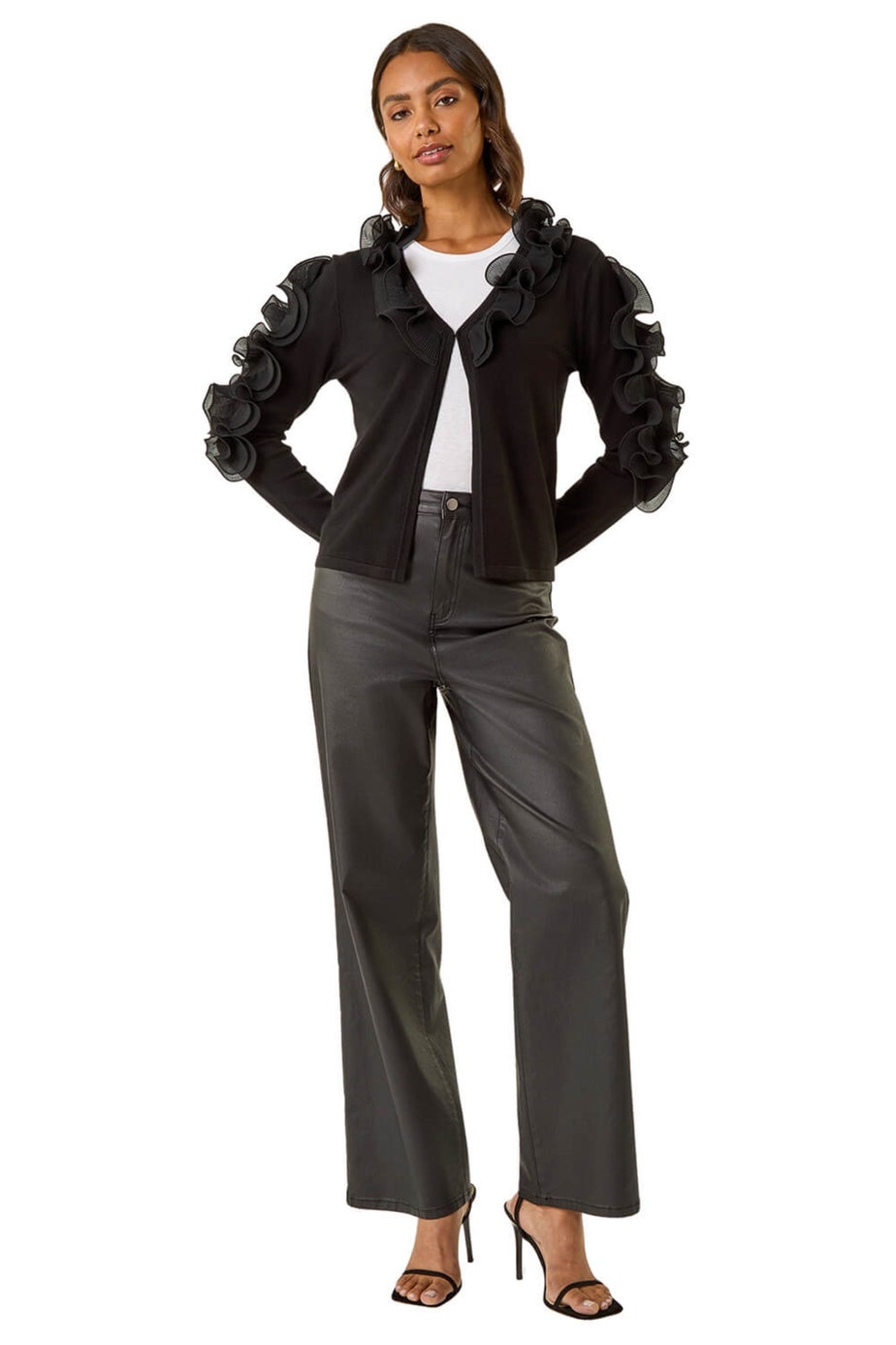 Roman Black Ruffle Contrast Knit Cardigan