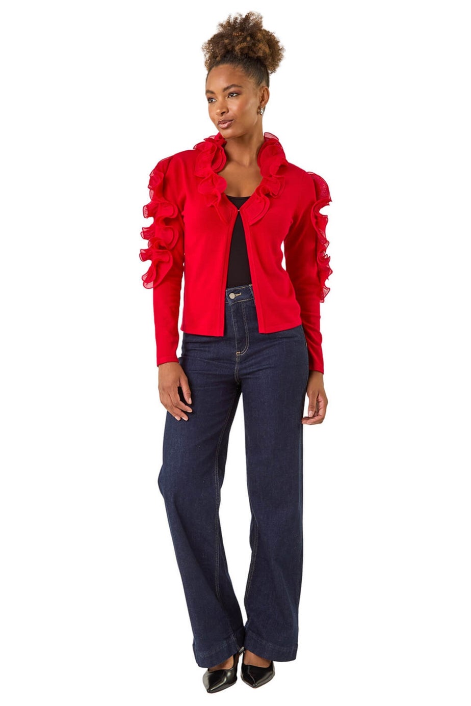 Roman Red Ruffle Contrast Knit Cardigan