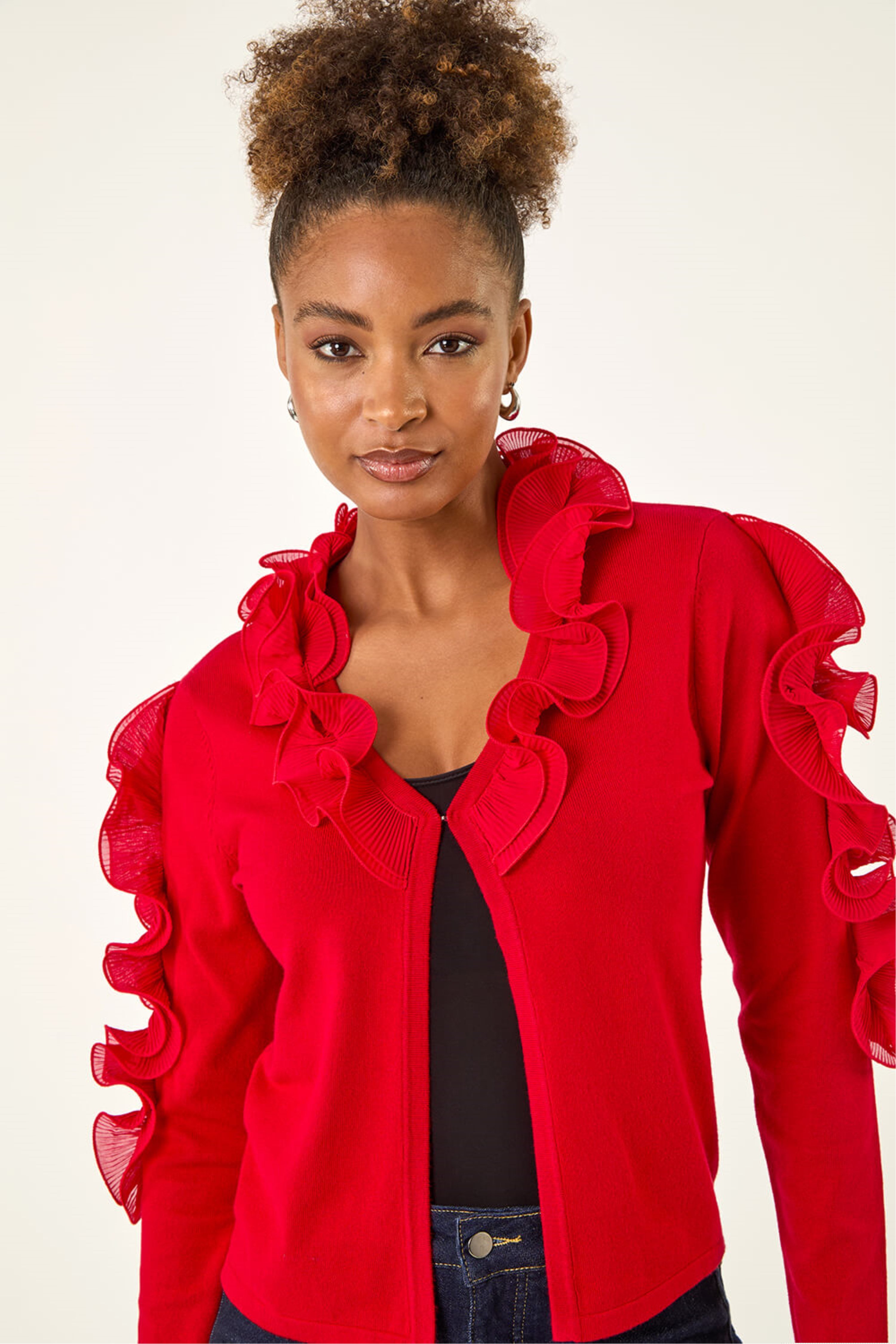 Roman Red Ruffle Contrast Knit Cardigan