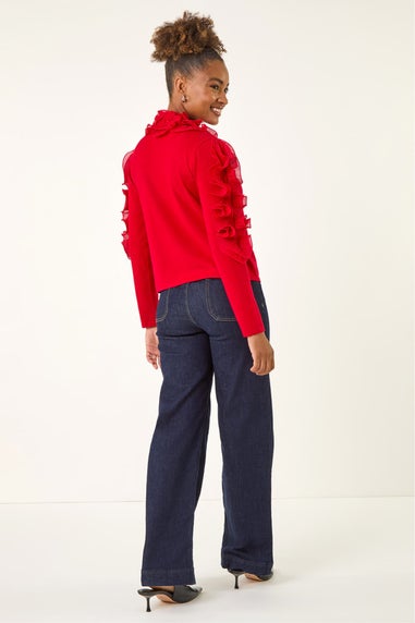 Roman Red Ruffle Contrast Knit Cardigan
