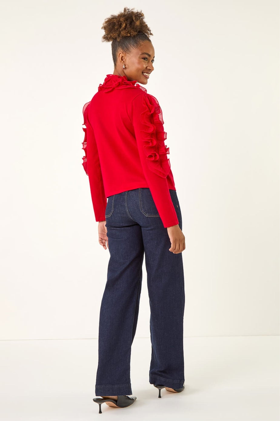 Roman Red Ruffle Contrast Knit Cardigan