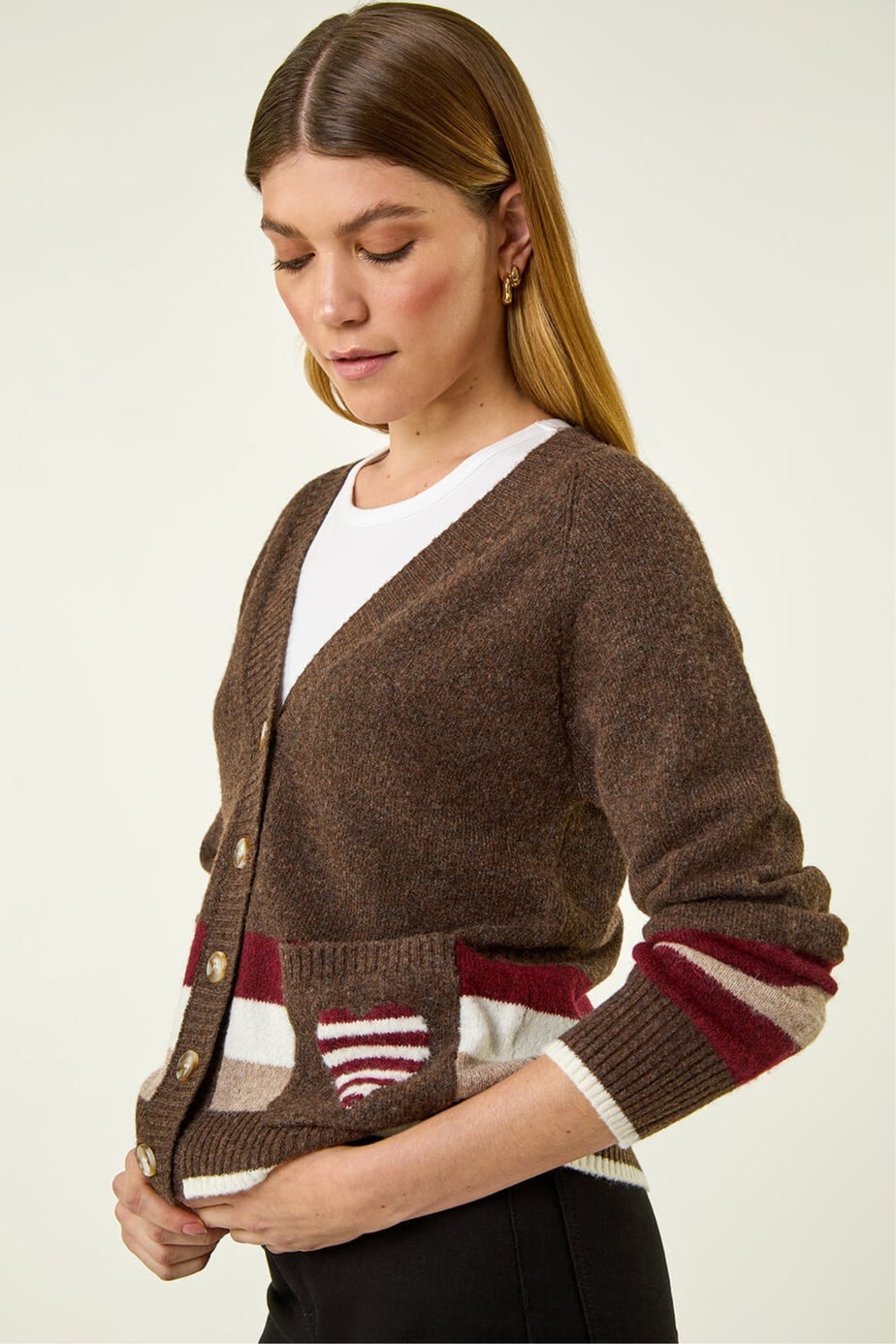 Roman Chocolate Striped Heart Knit Cardigan