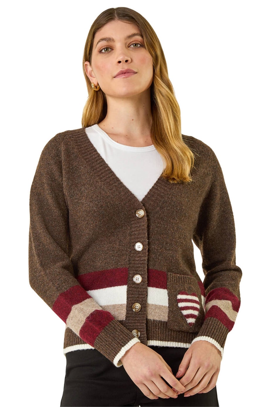 Roman Chocolate Striped Heart Knit Cardigan