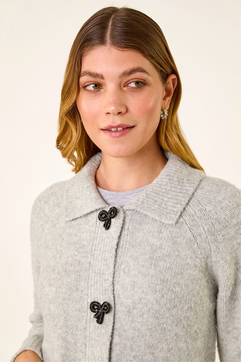 Roman Grey Bow Buttoned Collared Cardigan