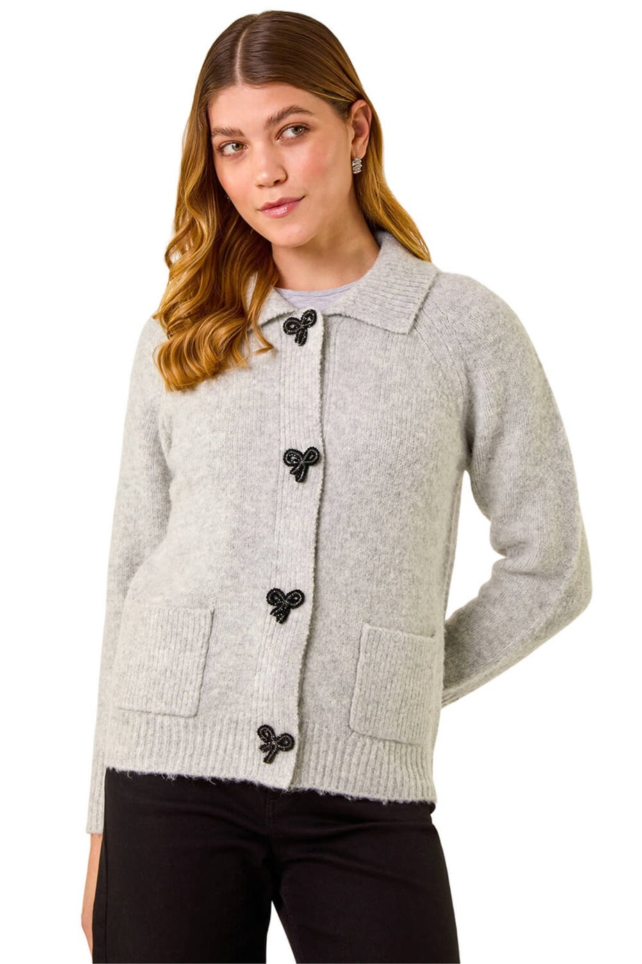 Roman Grey Bow Buttoned Collared Cardigan