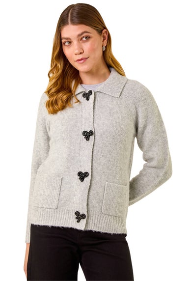 Roman Grey Bow Buttoned Collared Cardigan
